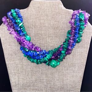 Vintage Handmade Multi-strand Amethyst, Malachite, Sodalite Statement Choker